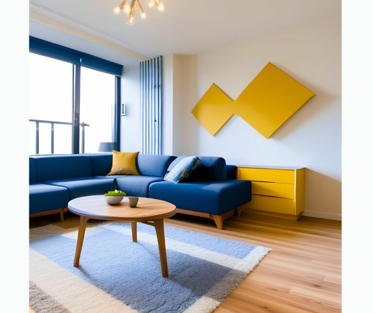 Kuvassa olohuone, jossa on sininen sohva ja pyöreä puinen pöytä sohvan edessä. Seinällä on kokonaan keltainen taulu. Sohvan vieressä maalauksen alla on keltainen lipasto.